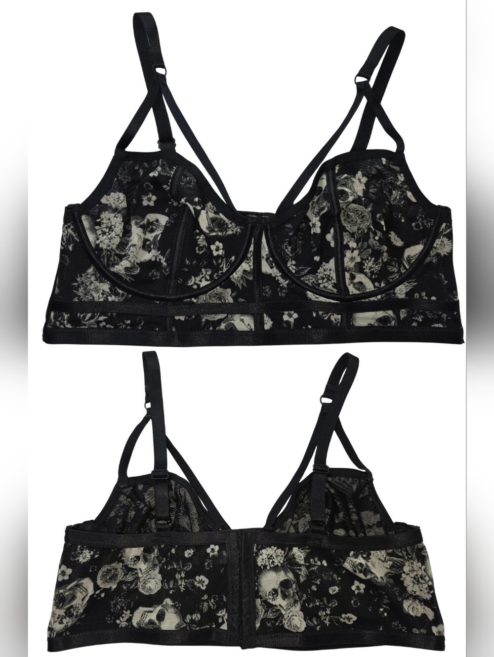 NEW Torrid 0 12 Black Skull Floral Mesh Strappy Longline Wired Bra CX-3877 - Picture 5 of 12